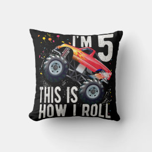 Kids 5 Year Old  5th Birthday Boy Monster Truck Ca Throw Pillow