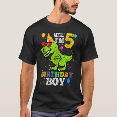 Kids 5 Year Old  5th Birthday Boy Rex Dinosaur T_Shirt