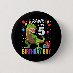 Kids 5 Year Old 5th Birthday Boy T Rex Dinosaur Button