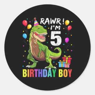 Kids 5 Year Old 5th Birthday Boy T Rex Dinosaur Classic Round Sticker