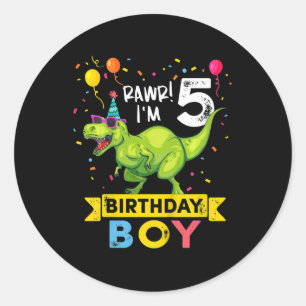 Kids 5 Year Old 5th Birthday Boy T Rex Dinosaur Classic Round Sticker