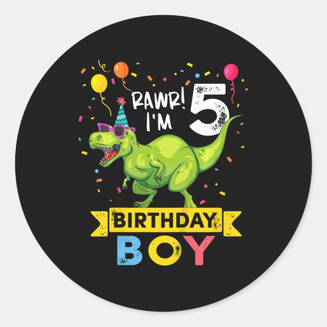 Kids 5 Year Old  5th Birthday Boy T Rex Dinosaur  Classic Round Sticker (Front)