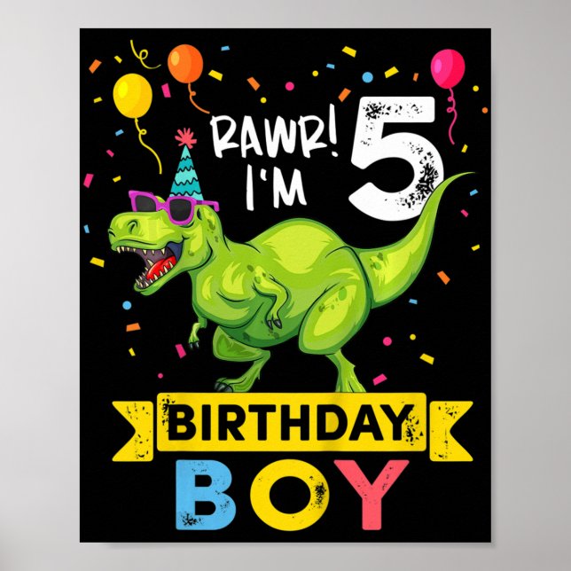 Kids 5 Year Old  5th Birthday Boy T Rex Dinosaur  Poster (Front)