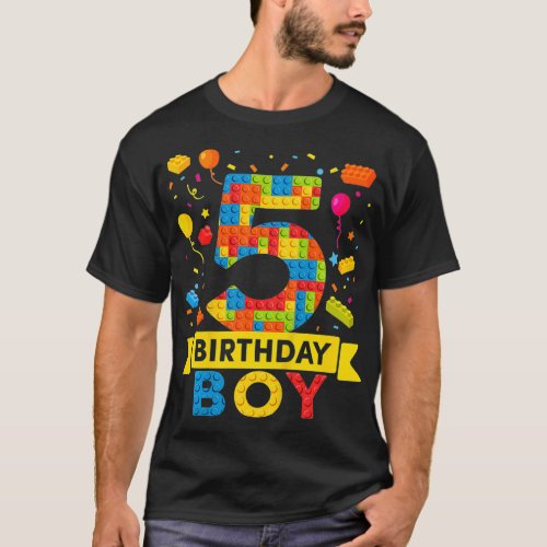 Kids 5 Year Old Building Blocks 5th Birthday Boy T_Shirt
