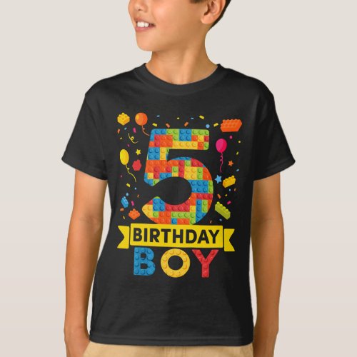 Kids 5 Year Old Building Blocks Birthday Boy T_Shirt