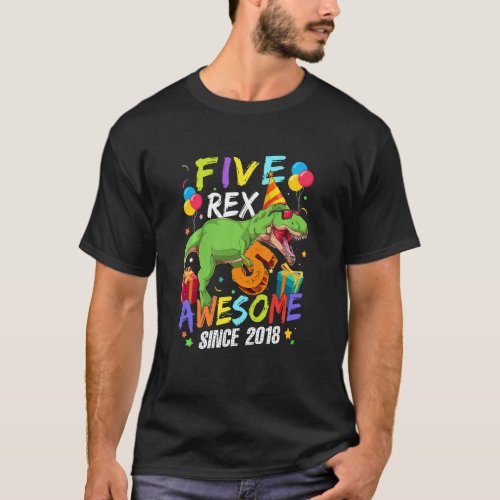 Kids 5 Year Old Dinosaur Awesome Since 2018 5th Bi T_Shirt