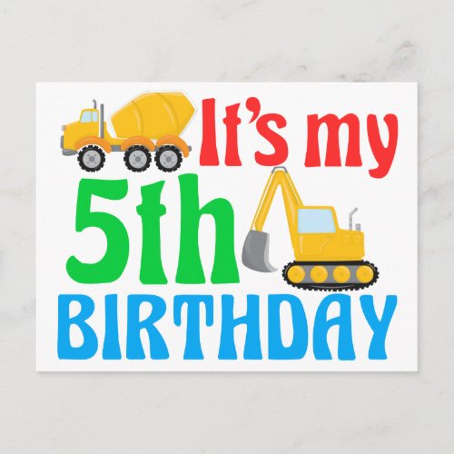 Kids 5th Birthday Boy Construction Vehicle Postcard