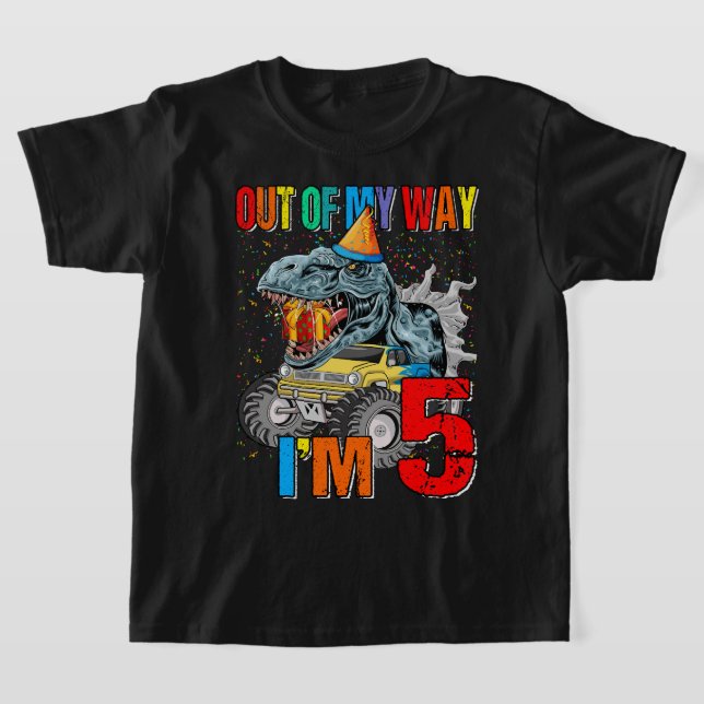 Kids 5th Birthday Boy Monster Truck Dinosaur Out O T-Shirt (Laydown)
