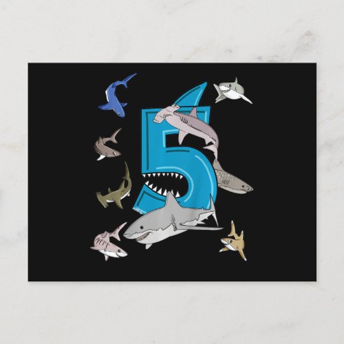 Kids 5th Birthday Boys Shark White Shark Announcement Postcard