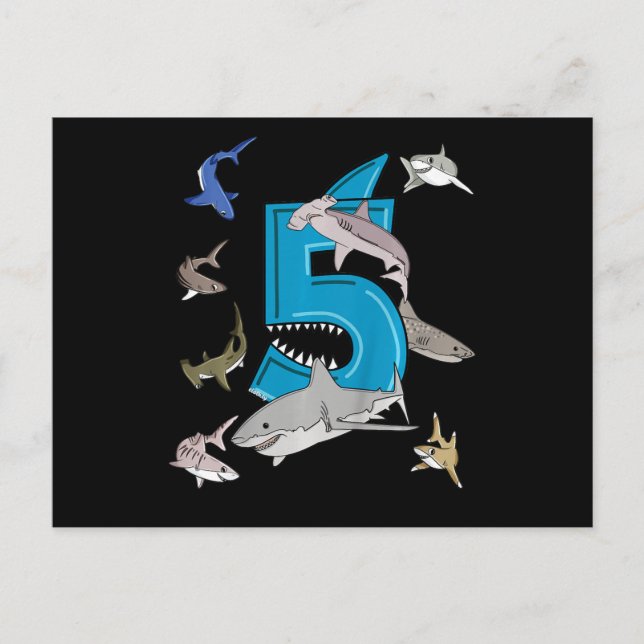 Kids 5th Birthday Boys Shark White Shark Announcement Postcard (Front)