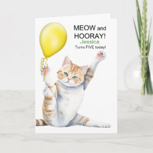 Kids 5th Birthday Cute Cartoon Cat with Name Card