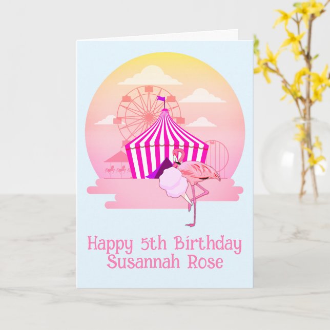Kids 5th Birthday Flamingo Carnival Fun Card (Yellow Flower)