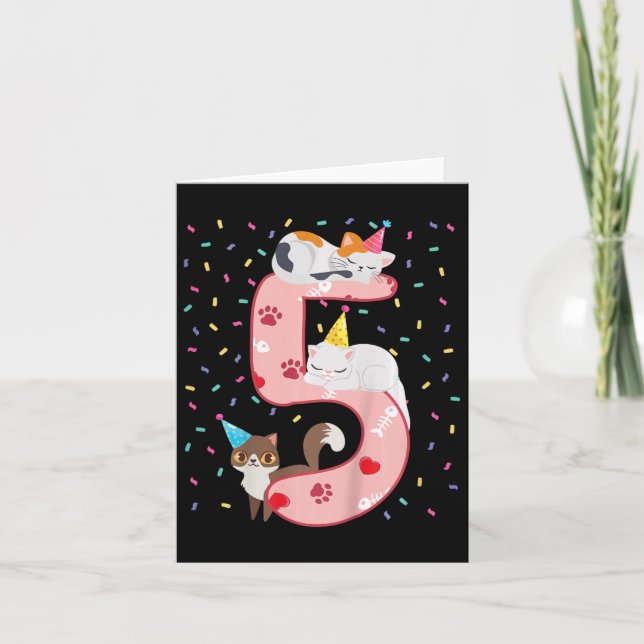 Kids 5th Birthday Girl Cute Cat Outfit 5 Years Old Card (Front)
