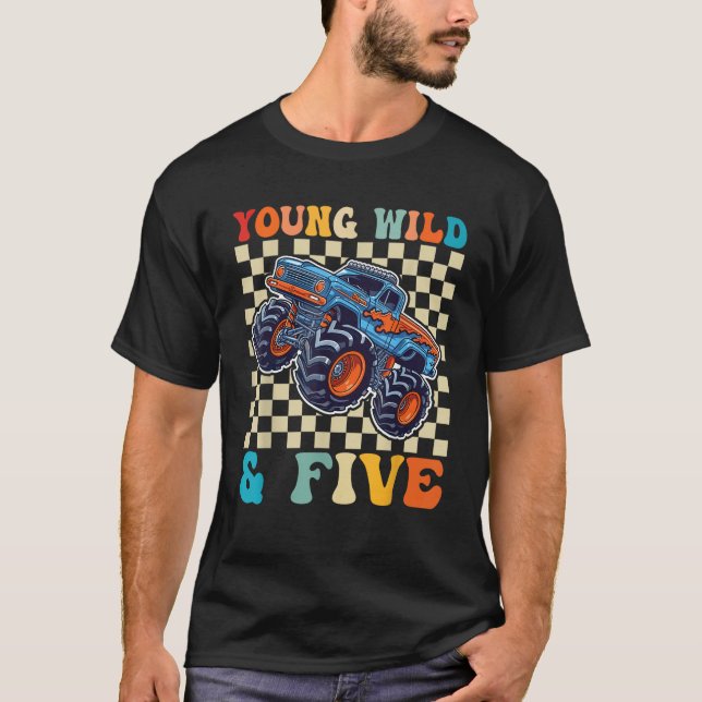 Kids 5th Birthday Monster Truck Young Wild and Fiv T-Shirt (Front)