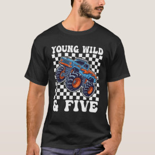 Kids 5th Birthday Monster Truck Young Wild and Fiv T-Shirt