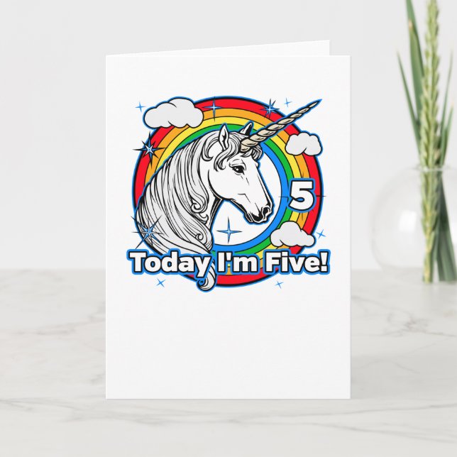Kid's 5th Birthday Rainbow Unicorn Today I'm Five Card (Front)