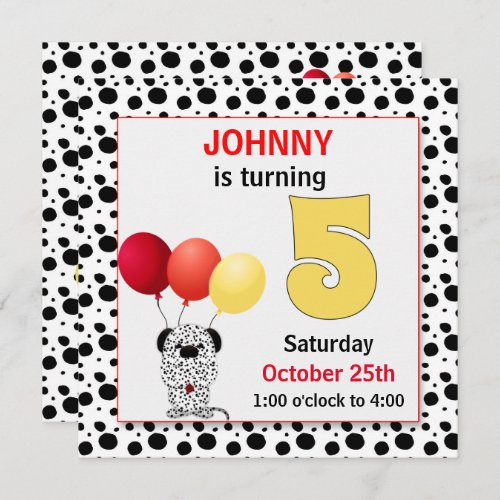 Kids 5th Birthday Red and Yellow Dalmatian Invitation