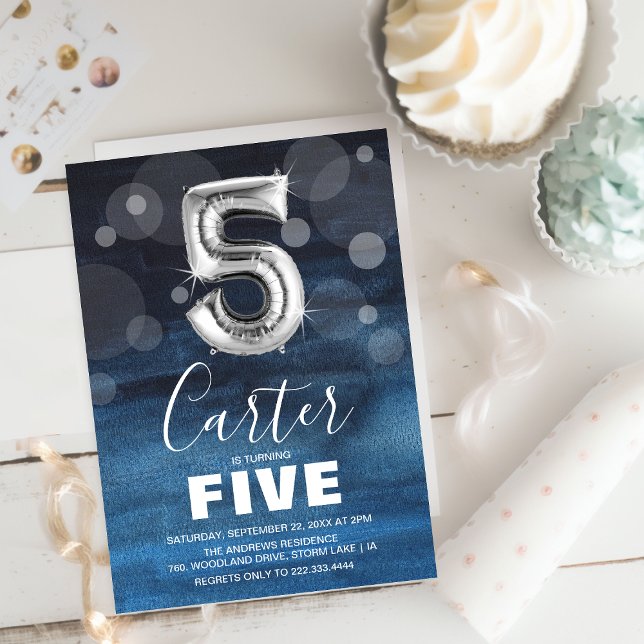 Kids 5th Birthday Silver Balloon | Blue Party Invitation (Creator Uploaded)