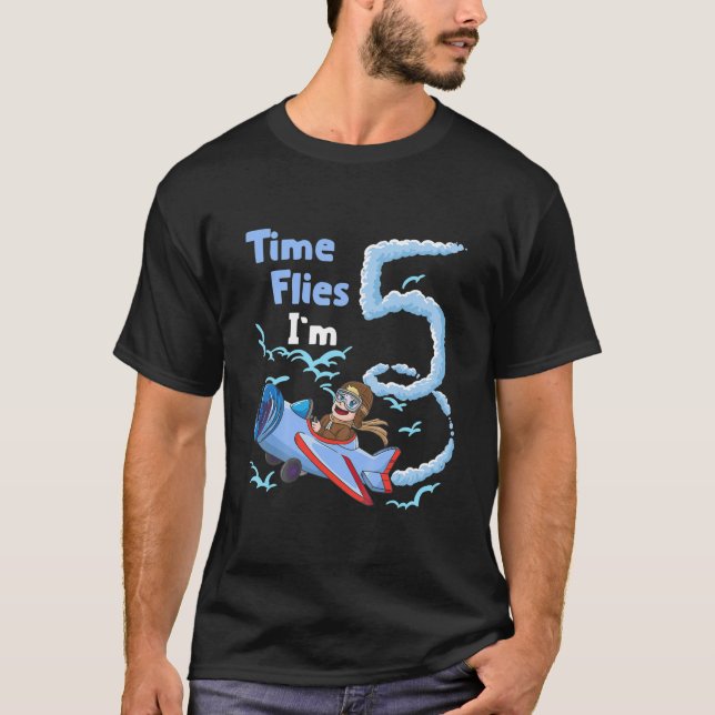 Kids 5Th Birthday Time Flies Im 5 Pilot Airplane T-Shirt (Front)