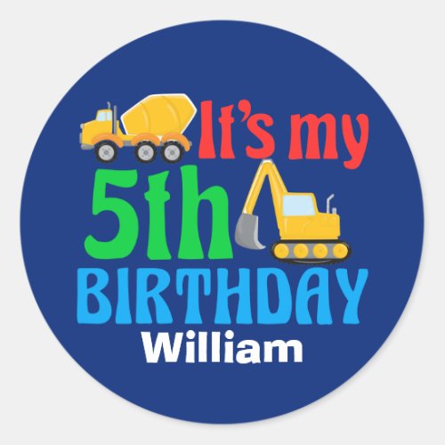 Kids 5th Construction Vehicle Boys Birthday Party Classic Round Sticker