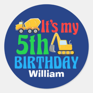 Kids 5th Construction Vehicle Boys Birthday Party Classic Round Sticker