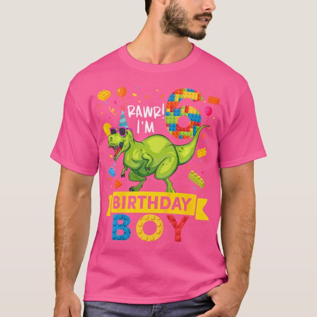 Kids 6 Year Old Dinosaur Building Blocks 6Th Birth T-Shirt (Front)