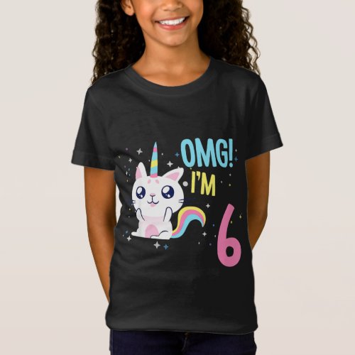 Kids 6 Year Old Girl Birthday Outfit Unicorn Cat T_Shirt