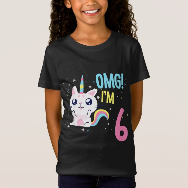 Kids 6 Year Old Girl Birthday Outfit Unicorn Cat T-Shirt (Front)