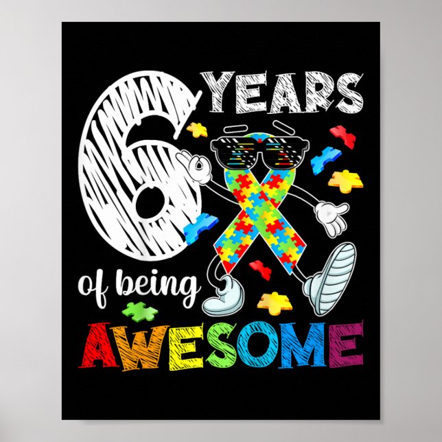 Kids 6th Autism Birthday Party Six Year Old Autist Poster (Front)