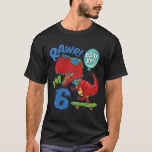 Kids 6th Birthday 6 Year Old Boy Red T-rex Skatebo T-Shirt