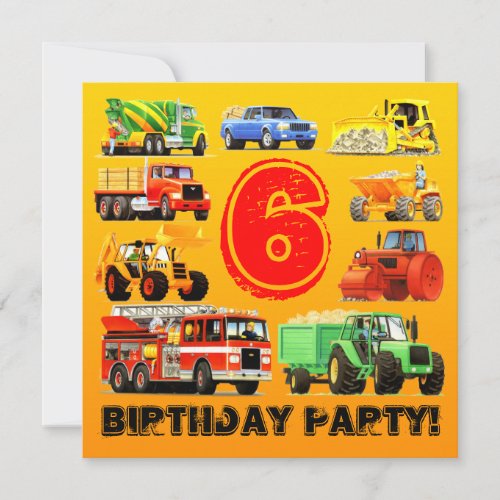 Kids 6th Birthday Custom Construction Truck Party Invitation