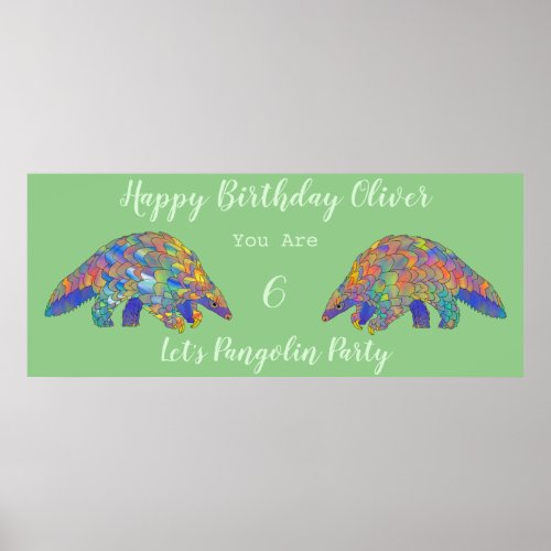 Kids 6th Birthday Party Colorful Pangolin Green Poster