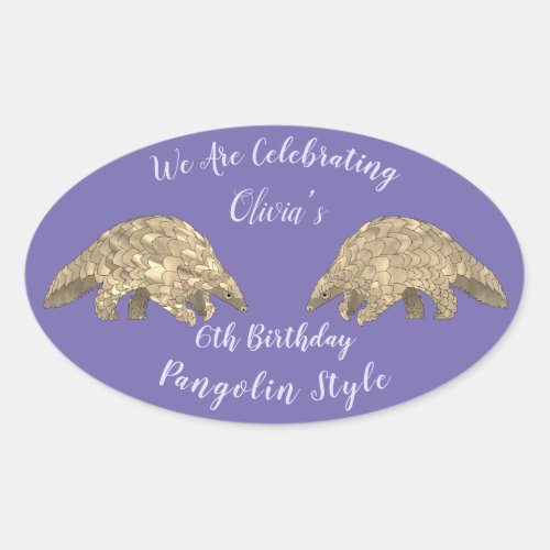 Kids 6th Birthday Party Pangolin Animal Art Purple Oval Sticker