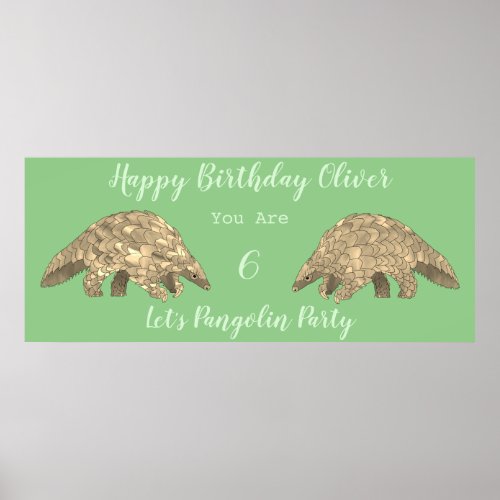 Kids 6th Birthday Party Pangolin Green Theme  Poster