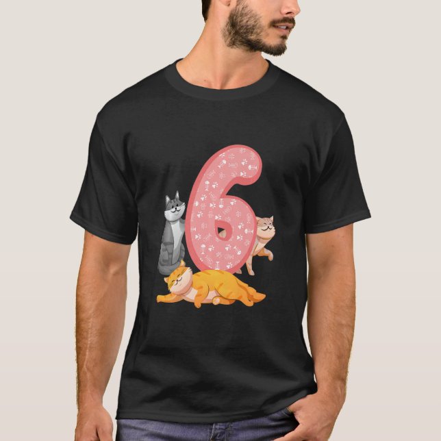 Kids 6th Birthday Pink Cat Themed Cat  Paws Birthd T-Shirt (Front)