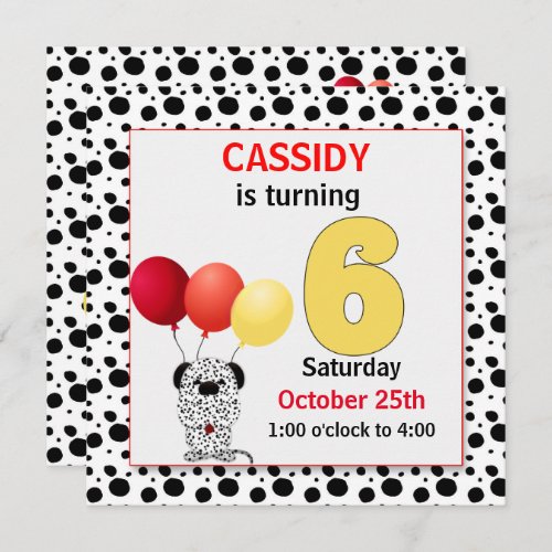 Kids 6th Birthday Red and Yellow Dalmatian Invita Invitation
