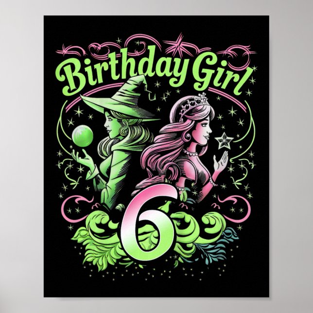 Kids 6th Birthday Witch Pink And Green 6 Years Old Poster (Front)