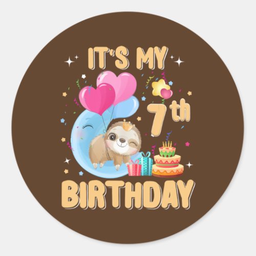 Kids 7 Year Old Sloth 7th Birthday Girl Party Classic Round Sticker
