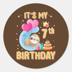 Kids 7 Year Old Sloth 7th Birthday Girl Party Classic Round Sticker