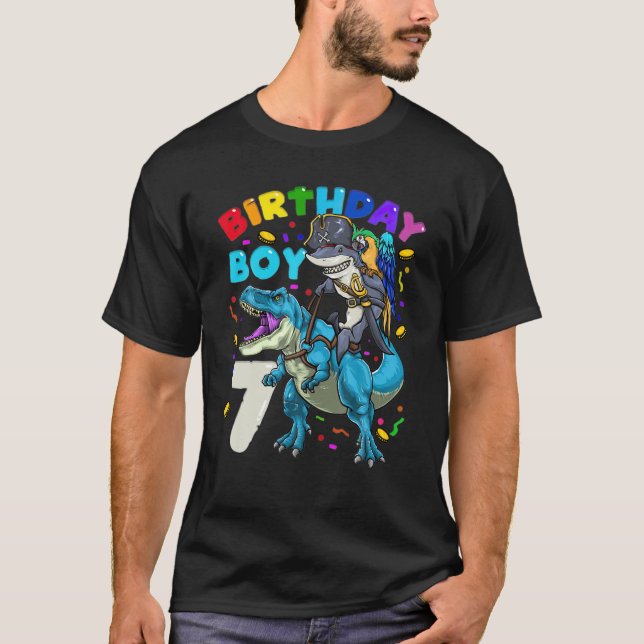 Kids 7Th Birthday Boy Pirate Shark Riding Dinosaur T-Shirt (Front)