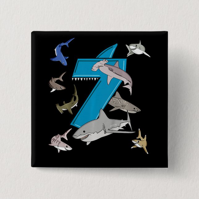 Kids 7th Birthday Boys Shark White Shark Button (Front)