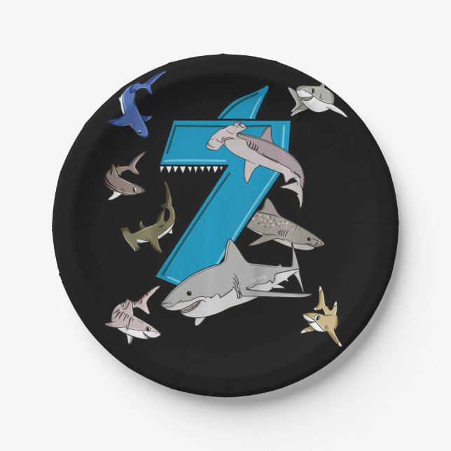 Kids 7th Birthday Boys Shark White Shark Paper Plates (Front)