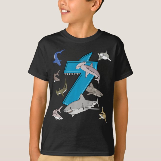 kids 7th birthday  boys shark white shark T-Shirt (Front)