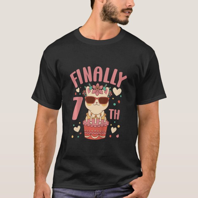 Kids 7th Birthday Girls Cute Cat Outfit 7 Years Ol T-Shirt (Front)
