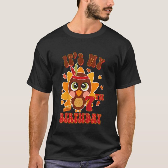 Kids 7th Birthday Outfit Girl Boy Little Turkey Bo T-Shirt (Front)
