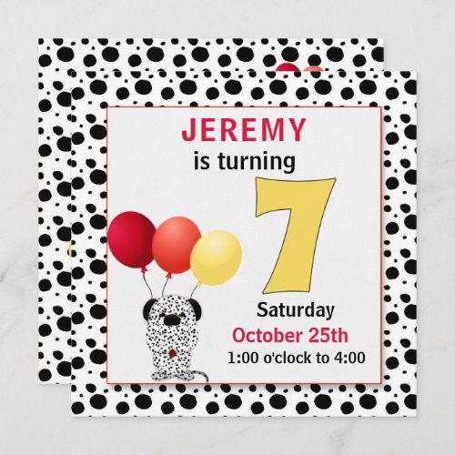 Kids 7th Birthday Red and Yellow Dalmatian Invita Invitation