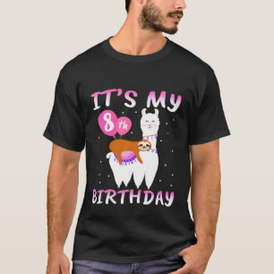 Kids 8 Years Old 8th Birthday Llama Sloth T-Shirt