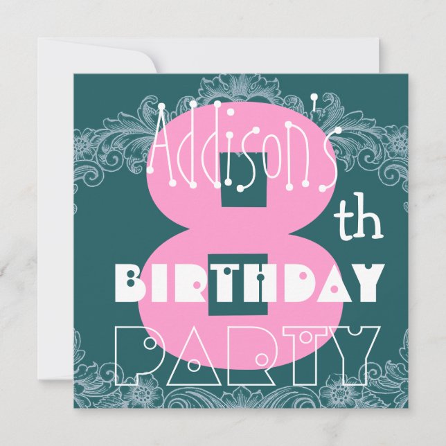 Kid's 8th Birthday Custom Name Modern Pink Teal Invitation (Front)
