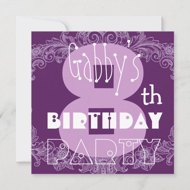 Kid's 8th Birthday Custom Name Modern Purple Retro Invitation (Front)
