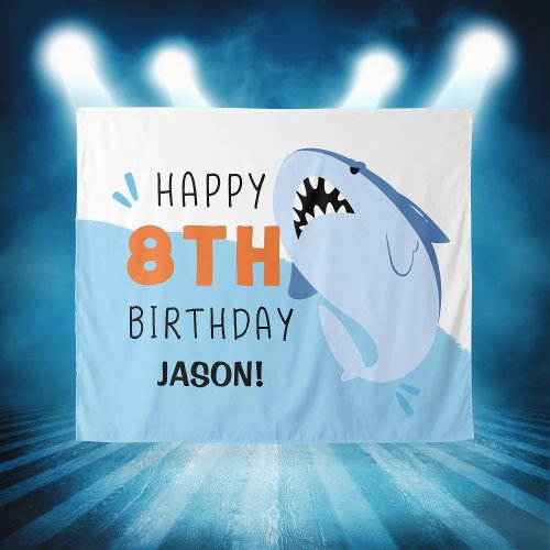Kids 8th Shark Birthday Backdrop Custom